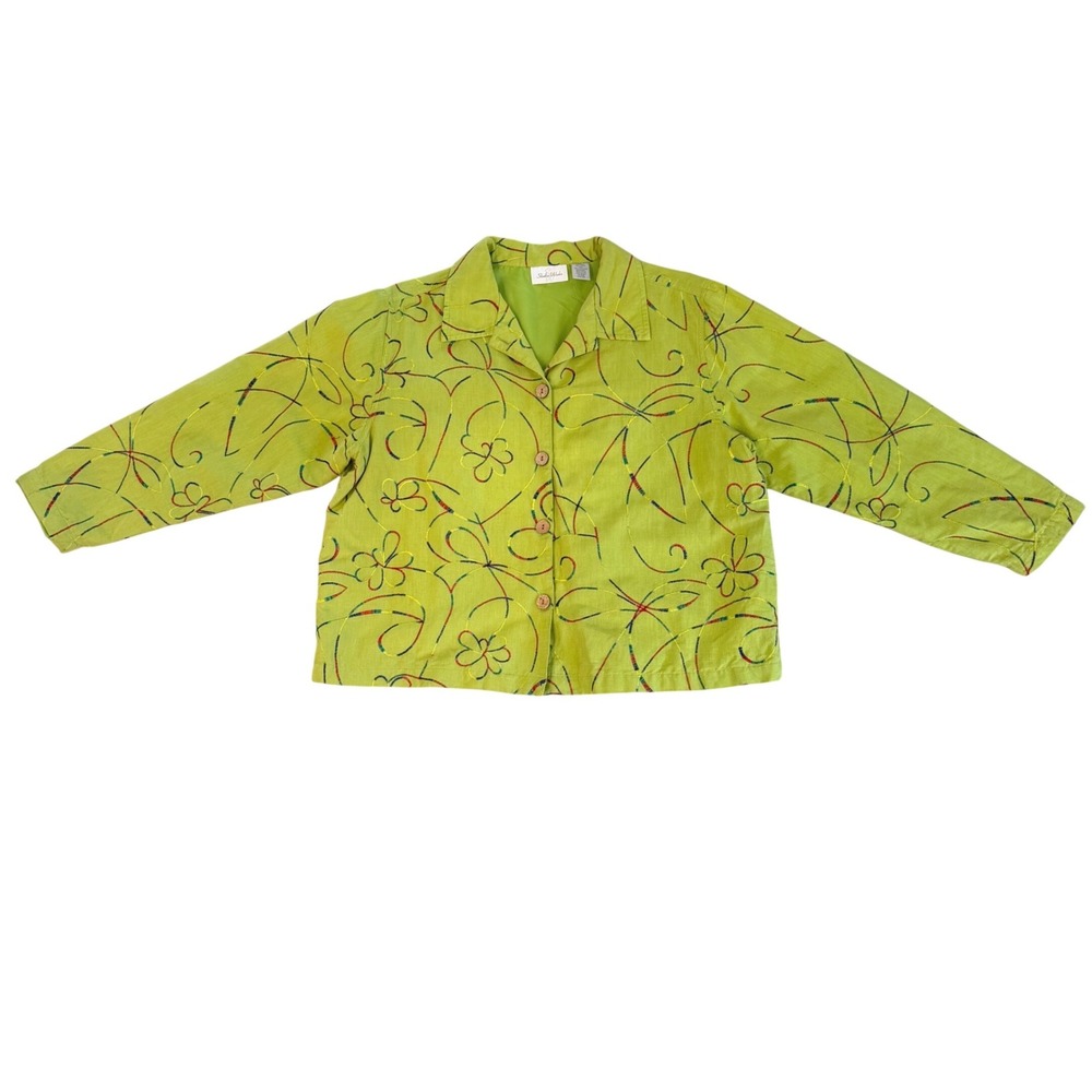 Vintage Studio Works Lime Green Embroidered Linen Blend Button Front Jacket XL